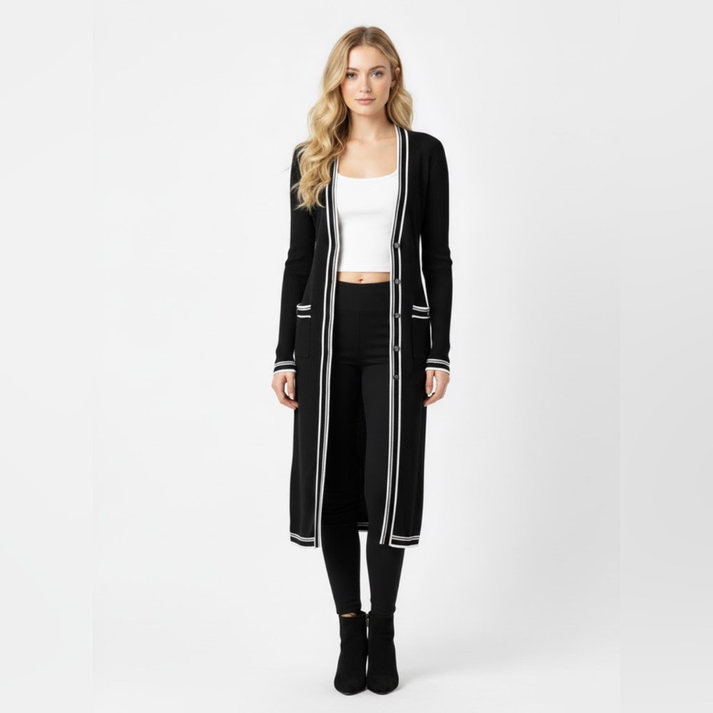 WHBM Ribbed Duster Cardigan V-Neck Buttoned Front White House Black Market Small